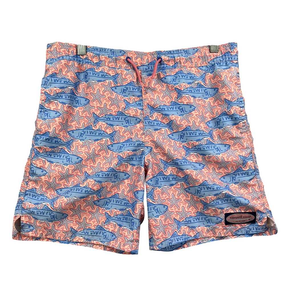 Vineyard Vines Swim Trunks Boys Small 8-10 Pink Blue Fish Starfish Beach Surf